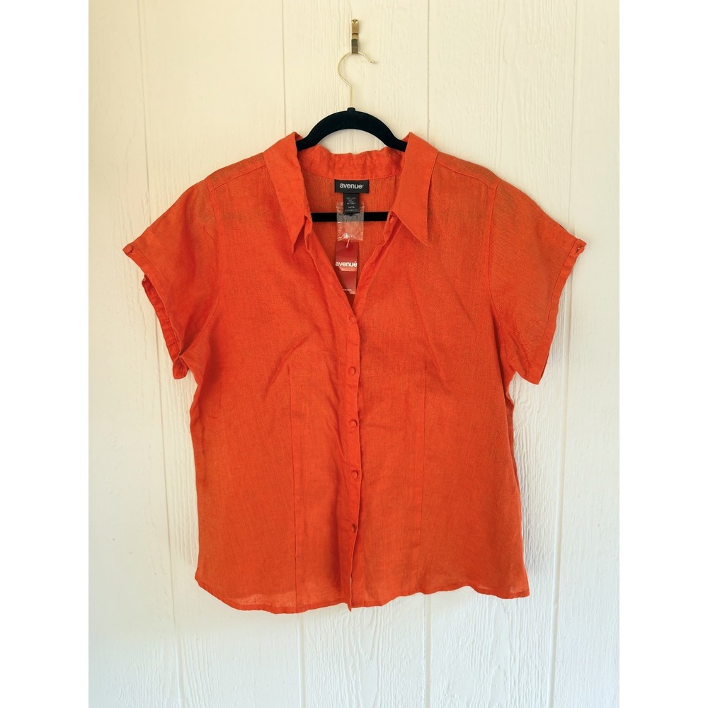 Women's Orange 100% Linen Short Sleeve Casual Plus size Blouse 14/16 NWT